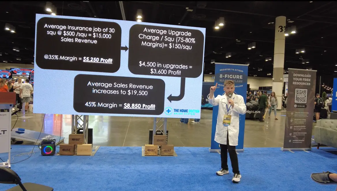 Noah in a white coat presenting a revenue and margin slide at RoofCON