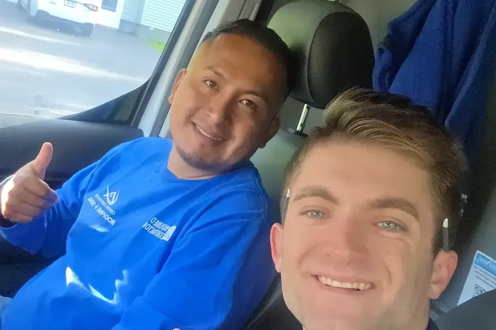 In the van, with a crew.